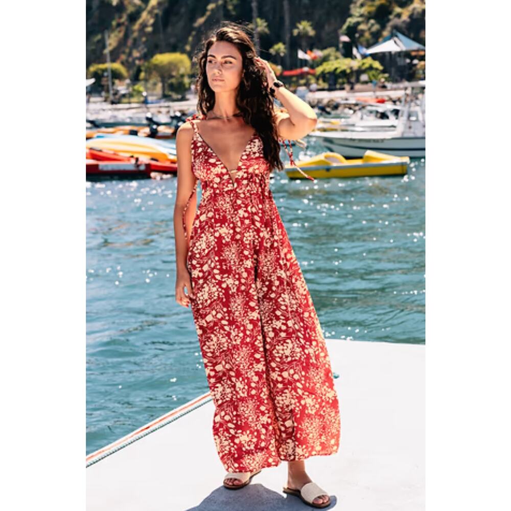 Cupshe V-Neck Halter Red and Ivory Maxi Dress, Women's Size S